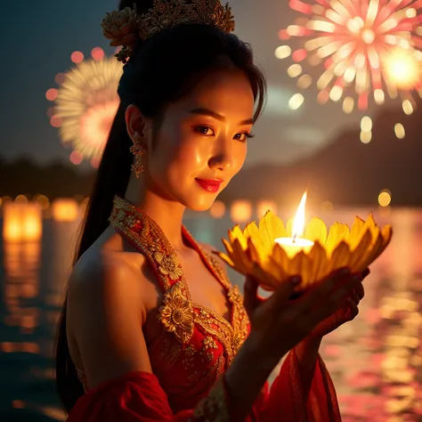 "Beautiful portrait of a Korean actress in traditional Thai royal court dress (similar to Song Hye-kyo, IU style beauty), elegant Asian beauty with Korean glass skin, soft feminine features, holding an intricate banana leaf krathong at night, high-key ligh...