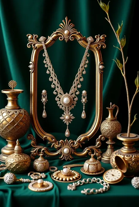 Create a realistic 9:16 image with a dark green fabric background, Place antique objects around, such as an antique mirror and a pocket watch, and in the center, many pieces of gold and diamond jewelry.