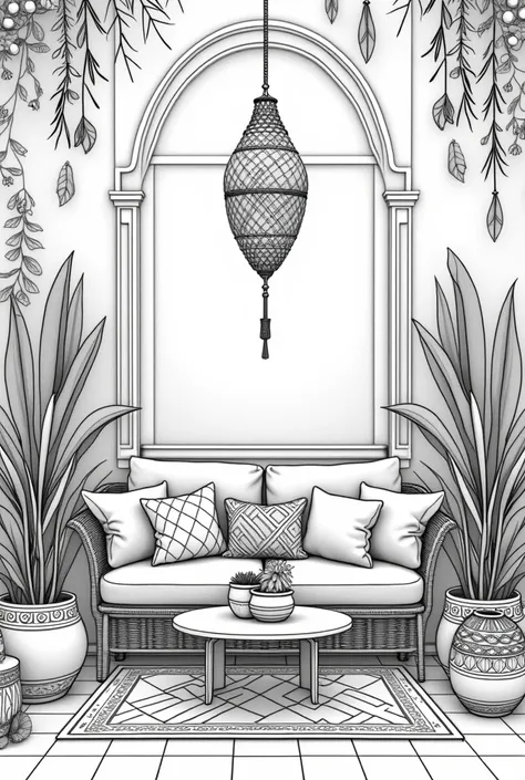 room in a house or terrace decorated in boho chic style, with ethnic patterns , plants,   and other elements of the boho style in interior design . 
 Design in black lines and white background, no shades of gray , NO COLORES, black line drawing for colorin...