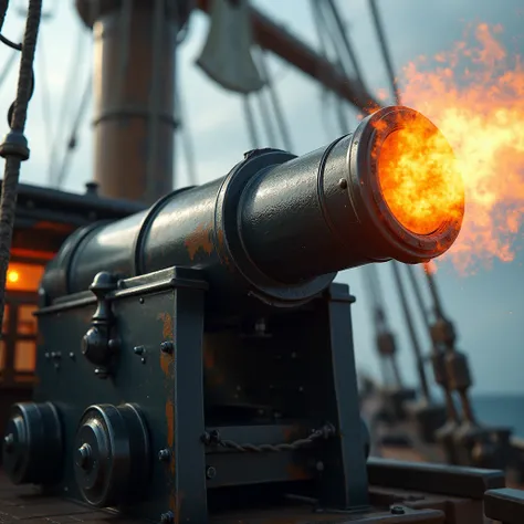 Close-up,  detailed view from the front, Frigate cannon, Cannon shoots , 