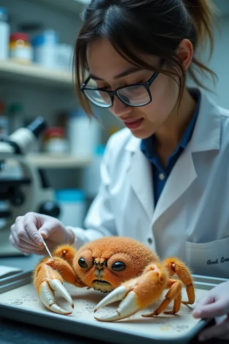  A realistic image of a marine scientist in a research lab holding a preserved specimen of the Lamarckdromia beagle, the unique hairy crab species. The scientist wears a white lab coat, gloves, and glasses, looking closely at the crab with a thoughtful exp...