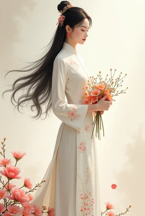 A Vietnamese teacher wearing a traditional white ao dai with subtle floral patterns, with long, black, flowing hair. In her hand, she holds a small bouquet matching a cluster of flowers at her feet.