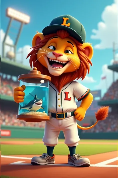 Poster tipo pixar de Disney de un león con uniforme de béisbol con una gorra que tiene una "l"  has in his arms a fish tank with a baby shark . The Lion is Laughing . In the background a baseball stadium  