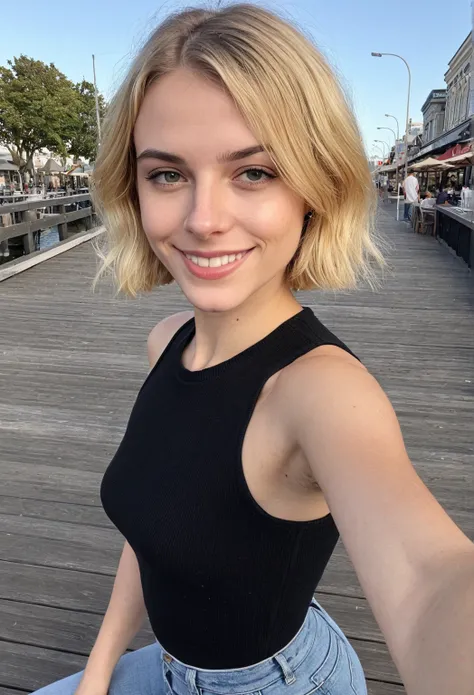 Bellona, (((selfie))) shot from a digicam, solo, realistic, (1 girl), Russian woman, ((mid 20s)), (petite), ((short blonde hair)), ((wavy hair:0.8)), BREAK, BACKGROUND: "Busy city boardwalk with outdoor cafes", BREAK, "wearing High-waisted mom jeans with a...