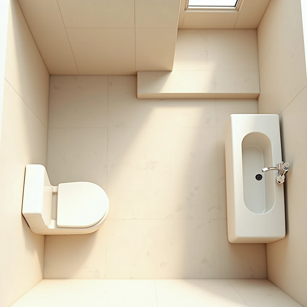 simple bathroom scene，Aerial perspective。Light beige tone。