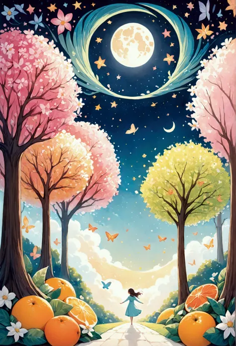 Highly detailed and vibrant illustration A vibrant crayon art illustration for ren: a serene nighttime landscape unfolds against a rich, dark blue backdrop. A simple flower blooms beneath a crescent moon adorned with colorful patterns, surrounded by soft, ...