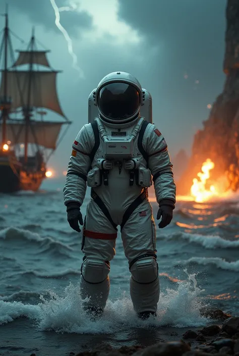 (highres, ultra-realistic:1.5), (modern astronaut in a realistic spacesuit:1.3) standing in the middle of a stormy sea, looking confused, (surrounded by a historical naval battle:1.4), (17th-century sailing ships with damaged sails and firing cannons, expl...