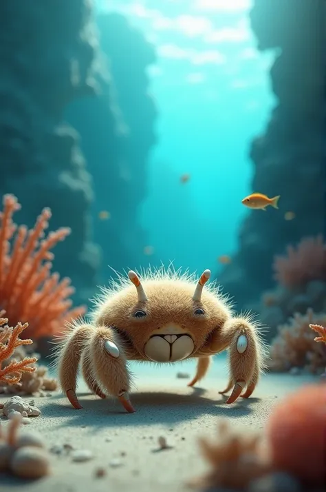 A realistic underwater scene featuring a unique, fuzzy crab with soft, hair-like textures on its body, known as the hairy crab. The crab, with light brown fur-like covering and small white claws, is walking along the sandy ocean floor near vibrant coral re...