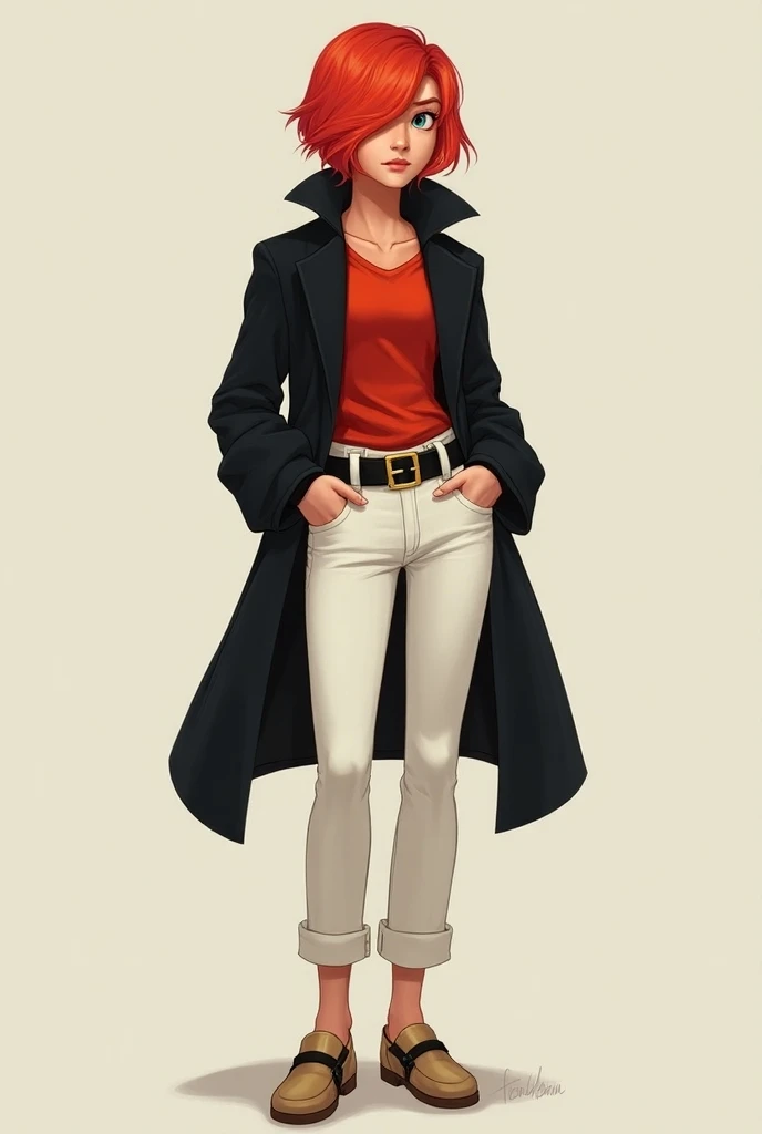 a young adult with an athletic physique and a red haircut with long bangs at the front that hide one of his eyes.
wears a black coat, a red shirt underneath, white pants, a large black belt with a gold buckle, beige shoes with black buckles in disney style...