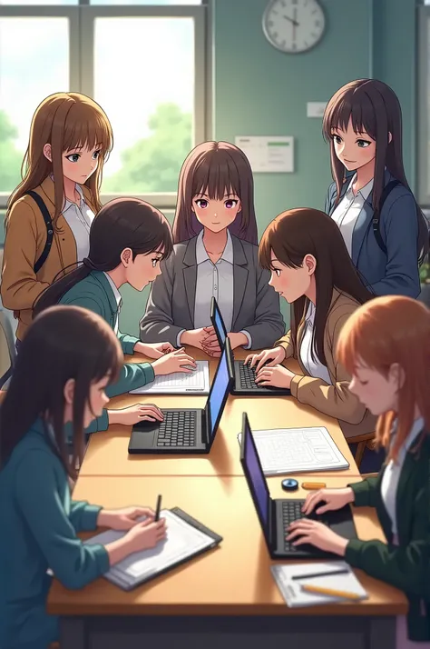  A group of 6 girls doing work at a table in a classroom, with two laptops and the others with cell phones 