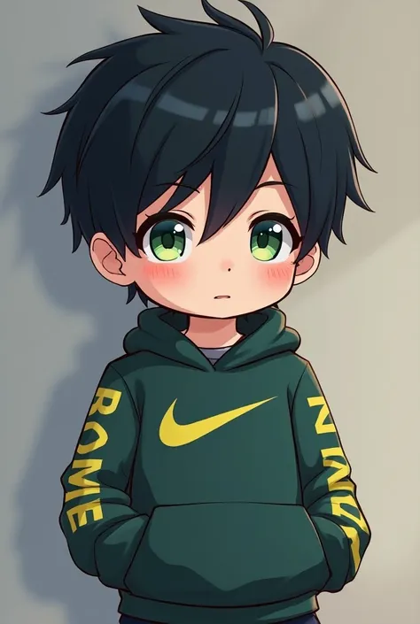  Spanish
masterpiece , anime style,Chibi,Emote for twicht , medium plane
short ,  a boy with short black , hair and green eyes and wearing a balcony colored sweatshirt with Nike brand sleeves