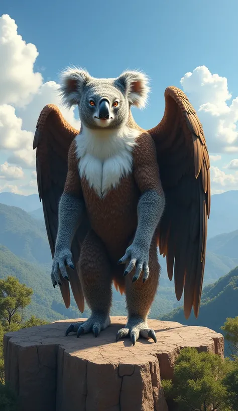 Koala and Eagle Hybrid, standing on a cliff edge overlooking a vast forest, the creature has the stout, furry body of a koala, with soft gray fur covering its arms and legs, but its torso and back are adorned with powerful eagle wings, large and majestic, ...