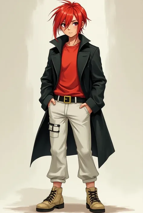 a young adult with an athletic physique and a red haircut with long bangs at the front that hide one of his eyes.
wears a black coat, a red shirt underneath, white pants, a large black belt with a gold buckle, beige shoes with black buckles in disney style...