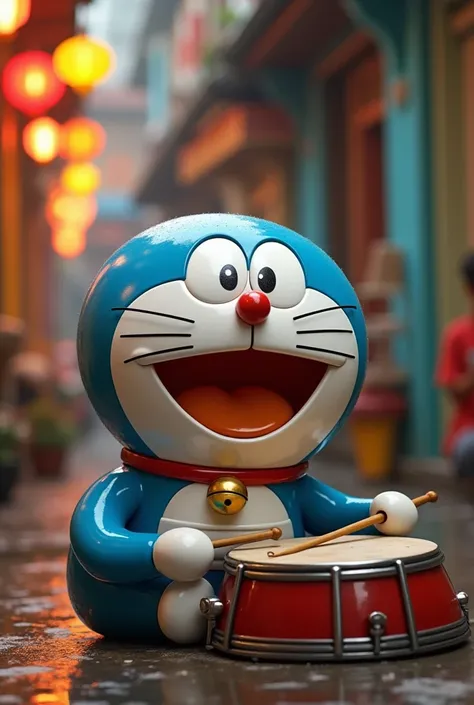 "A cinematic, highly detailed image of a hybrid  Doraemon Human Man with his classic blue and white cartoon body, but with a head is the handsome man realistic, the head is a masculine handsome male head and attractive features, contrasting with Doraemons ...