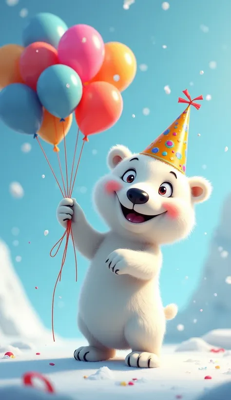 Polar bear with animated birthday hat with balloons in his hand