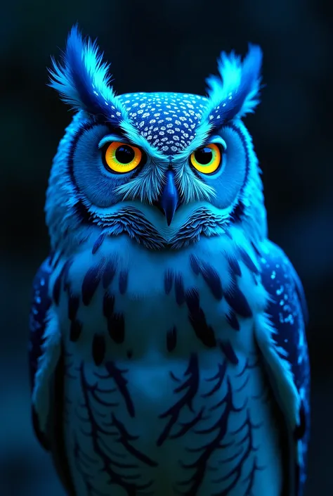 **An owl Bubu scandiacus depicted in a bioluminescent belladonna portrait, combining the darkness of the night with bright neon flora. Use luminous indigo and teal to create an ethereal contrast between the haunting subject and the surrounding shadows --ar...