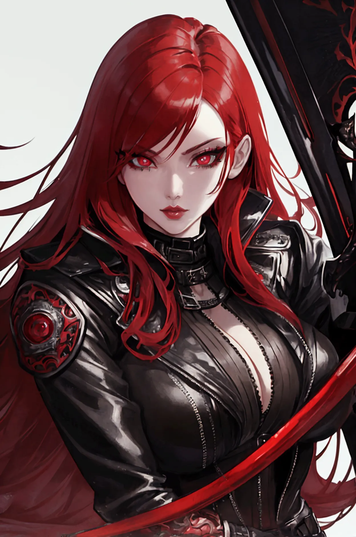 a woman with brilliant red hair, a black open jacket, anime style, holding a huge black sword, beautiful detailed eyes, beautifu...