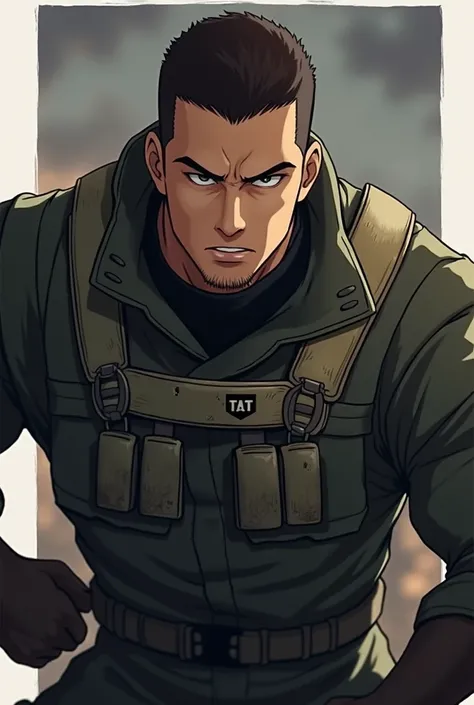 man, moreno, short dark hair, anime, soldier