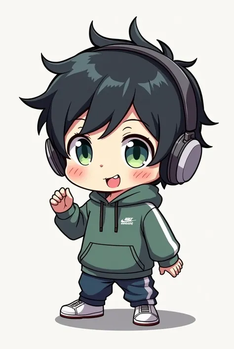  Spanish
masterpiece , anime style,Chibi,Emote for twicht , medium plane
short ,  a boy with short black ,short and green eyes and with a balcony color sweatshirt with Nike brand sleeves and that has headphones  