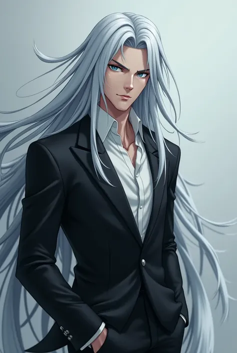 Anime porcelin man, who has long sliver hair, and blue eyes very face. His light blue eyes and he wears, suits. Black and white. He has a very masculine face structure.  
