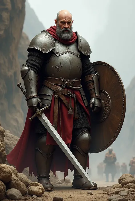 Create a Middle Age Warrior, muscular,  wearing noble but old ,  armor carrying a long sword and shield