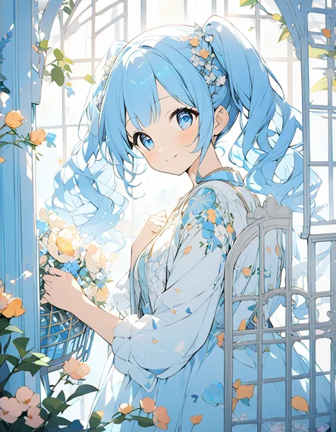  Light Blue Long Hair 、 Beautiful Girl with Twin Tails 、Im looking at the beautiful little bird in the birdcage with a smile、A bright, sunny room、 There are lots of beautiful flowers in the room