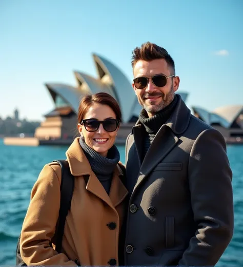 Man 45 years under cut hair and woman 35 years, strong look good, short hair, high resolution , wearing sunglasses neatly winter cloth, thin smile , standing in front of opera house sydney australia, blue sea, deep blue sky, blue atmosphere 