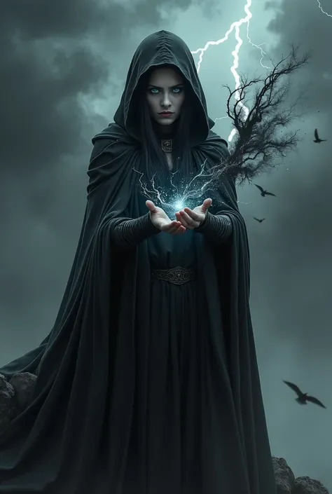 A mysterious and powerful image of Raven standing on a cliffside, her hooded cloak billowing around her in dark, shadowy tendrils. Her skin is pale, and her eyes glow with a menacing, mystical energy, as if channeling dark magic. She holds her hands in a r...