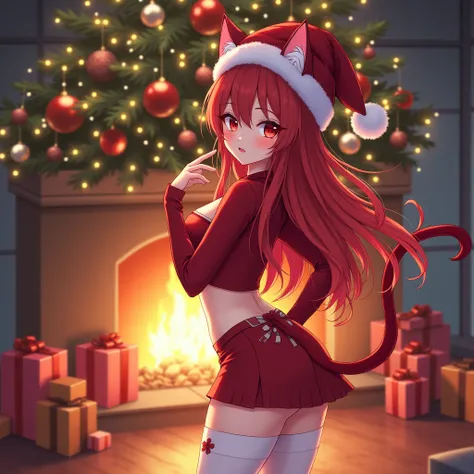  anime character :
Name: neko&Kira 
Gender :  Female 
Appearance :  long red hair ,  bright red eyes, skin white as snow, big and beautiful body, skinny with curves,  perfect silhouette , ears and cats tail. She wears a Santa hat ,  a red cropped shirt wit...