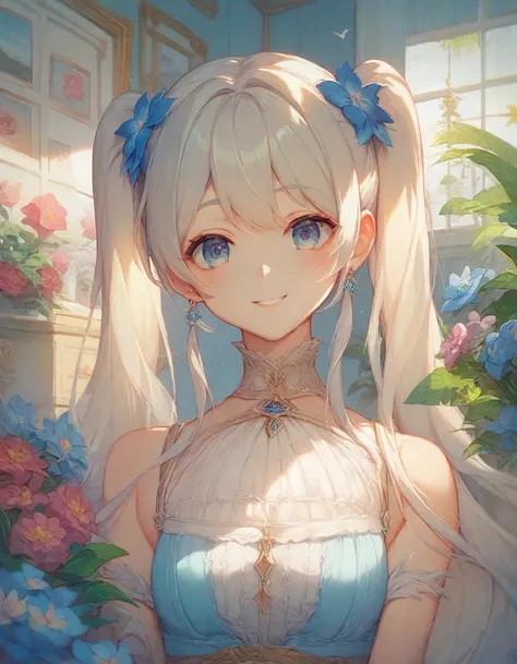  Light Blue Long Hair 、 Beautiful Girl with Twin Tails 、Im looking at the beautiful little bird in the birdcage with a smile、A bright, sunny room、 There are lots of beautiful flowers in the room