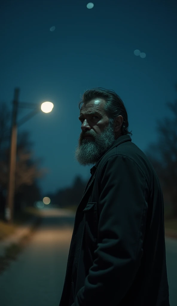  starry night with waxing Moon , Middle aged man, bearded, POORLY CARED FOR, scars,  a suspicious look , walking down the street,  looking sideways worried and tense, Deserted street and ,  soft lighting ,  porn movie 