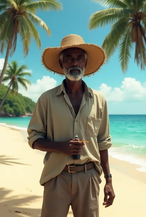 a man, dark skinned, wearing a straw hat and with a drip bottle in his hand and with a straw cigarette in his mouth,  on the beach 