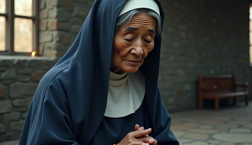 sister will do,  an elderly 60-year-old Japanese woman ,  shows a deeply wrinkled face ,  marked by time and life of contemplation .  Her brown and age-worn skin stands out Soft candle light,  while her small and expressive eyes ,  characteristic of a Japa...