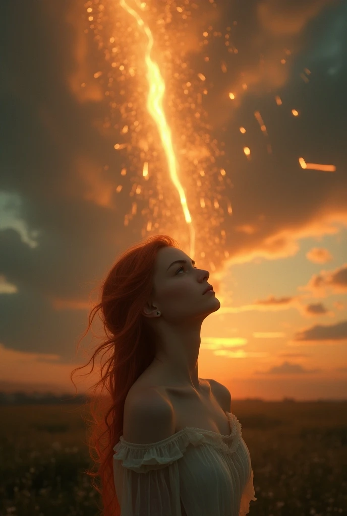  A young red-haired woman looking up at the sky as several angels fall as if they were comets in an evening sky, with orange clouds mixed with dark clouds