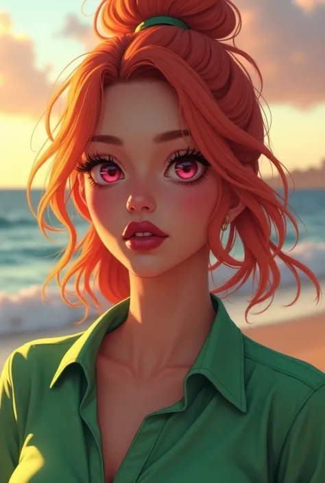 Vicky, pink eyes, orange hair, pony tail, red lipstick, green shirt, looking at viewer, smiling, close up, outside, beach, ocean, dusk, high quality, masterpiece