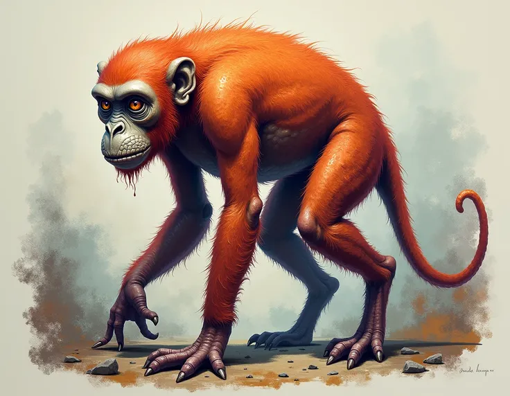  create image according to the description :   The Macacoctopus is a resulting hybrid creature of the fusion of a monkey with an octopus .  It has the agile and slender body structure of a monkey ,  with long, muscular arms and legs that allow climbing and...