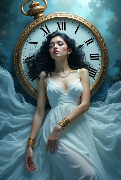  Make me the cover of a book front and back with the theme : Time travel .  This cover must contain light blue tones but not all the images but only a few details.  The cover must contain a woman in a delicate white dress with gold bracelets on her arms , ...