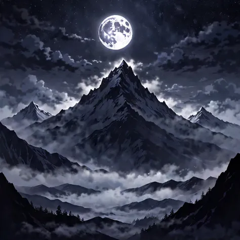 Foggy mountain range at night, dark silhouette of peaks, full moon illuminating mist, eerie and quiet atmosphere