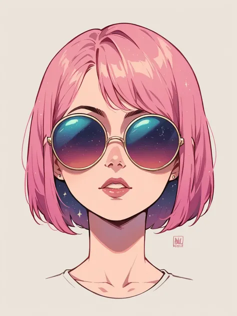  score_9,  score_8_up,  score_7_up,  score_6_up,   l0g0,  simple background,  girl with pink hair bob in sunglasses, Stylish logo , galaxy