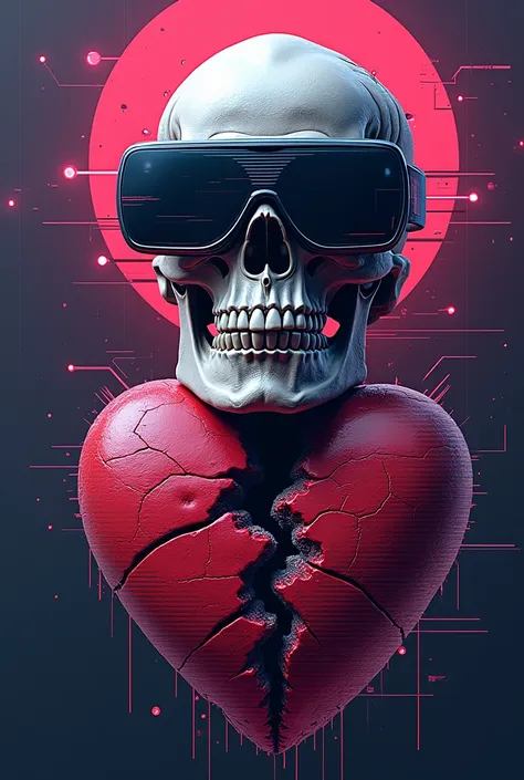 A vaporwave-style artwork with the text "Unplugged Love". The central design features a glitch-distorted skull with a VR glasses overlaid on a pixelated broken heart. Each element has a distinct texture, combining neon colors with distortion effects. This ...