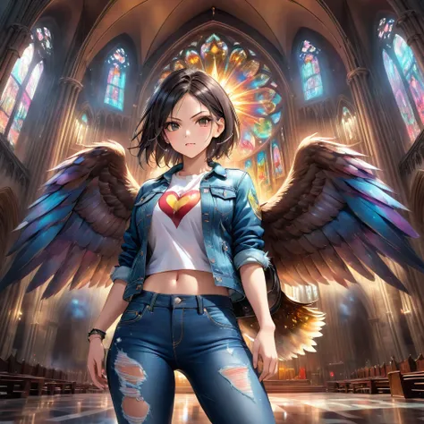 animation style 2 .5D manga niji6 strong traits oil ink art super details in the art Alita  + Vegeta Zexy in a denim jacket pants jeans with a strong body making the amen prayer sign inside a cathedral with a giant bleeding owl nailed in the background in ...