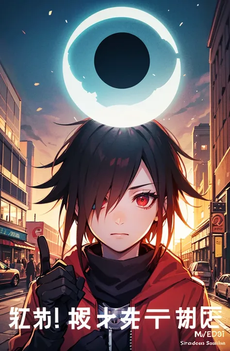 1man, solo, superhero cover book, uchiha madara, long hair, hair over one eye, red eyes, glowing eyes, Mangekyo Sharingan eye, scarf, face closeup, winter gloves, sbow on street, bomber jacket Looking at viewer, Hair Between Eyes, 