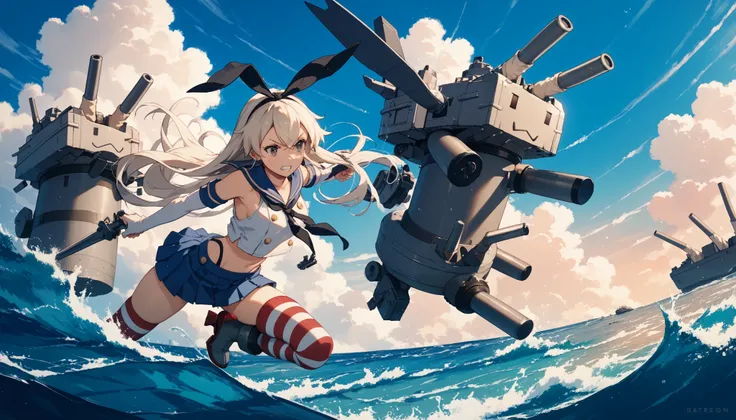 shimakaze/(kancolle/),,blue sky,ocean,fighting