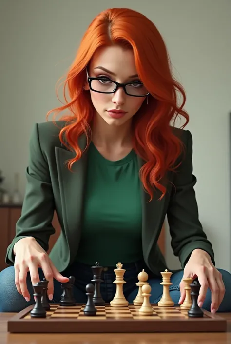  Create for me a full-body image of a red-haired woman who wears glasses. She wears blue jeans, a green t-shirt and a blazer . playing chess 