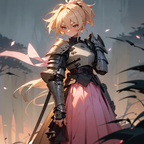 1female, young teen, tan skin, finely detailed grey eyes, blonde hair color, pink ombre hair, messy ponytail, medium length hair, short ronin clothing, battle skirt, shoulder armour piece, standing on path, night time, dark forest, calm expression, blushin...