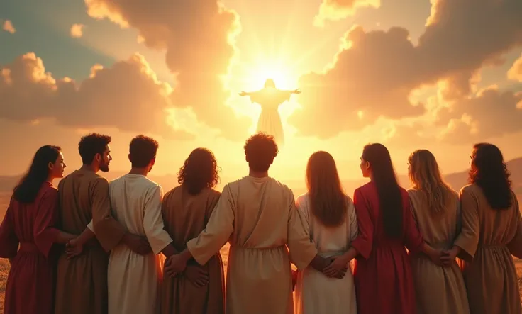 A serene, uplifting image of a diverse group of people standing together in a heavenly landscape. They are looking up toward a radiant figure of A highly detailed and realistic depiction of Jesus as a man of the first-century Middle East, with (olive-toned...