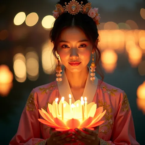 "Bright, high-key portrait of a Korean actress (Song Hye-kyo, IU style beauty with radiant glass skin) in traditional Thai royal court dress, brilliantly illuminated main subject, holding a lotus-shaped krathong with flowers and candles, over-exposed yet m...