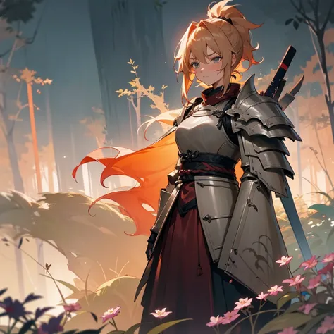 1female, young teen, tan skin, finely detailed grey eyes, strawberry blonde hair color, ombre hair, messy ponytail, medium length hair, short ronin clothing, battle skirt, shoulder armour piece, standing on path, night time, dark forest, calm expression, b...