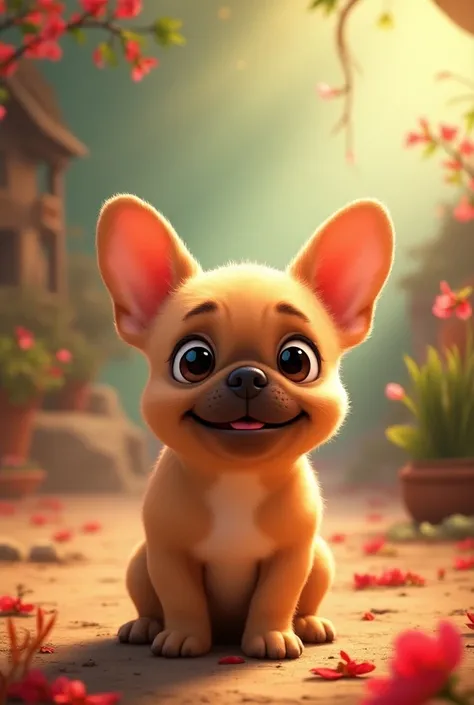  Disney Pixar-inspired movie poster with the title “love of my life”. “With a light caramel-colored French bulldog dog” . The scene should follow the artistic style similar to Pixar, focusing on the expressions of the character ,  face vibrant colors, deta...