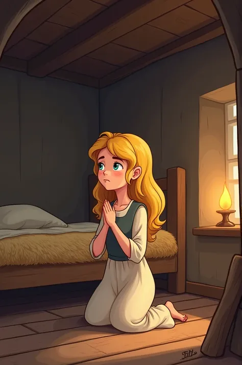 Cartoon of a peasant blonde praying on her knees near the bed